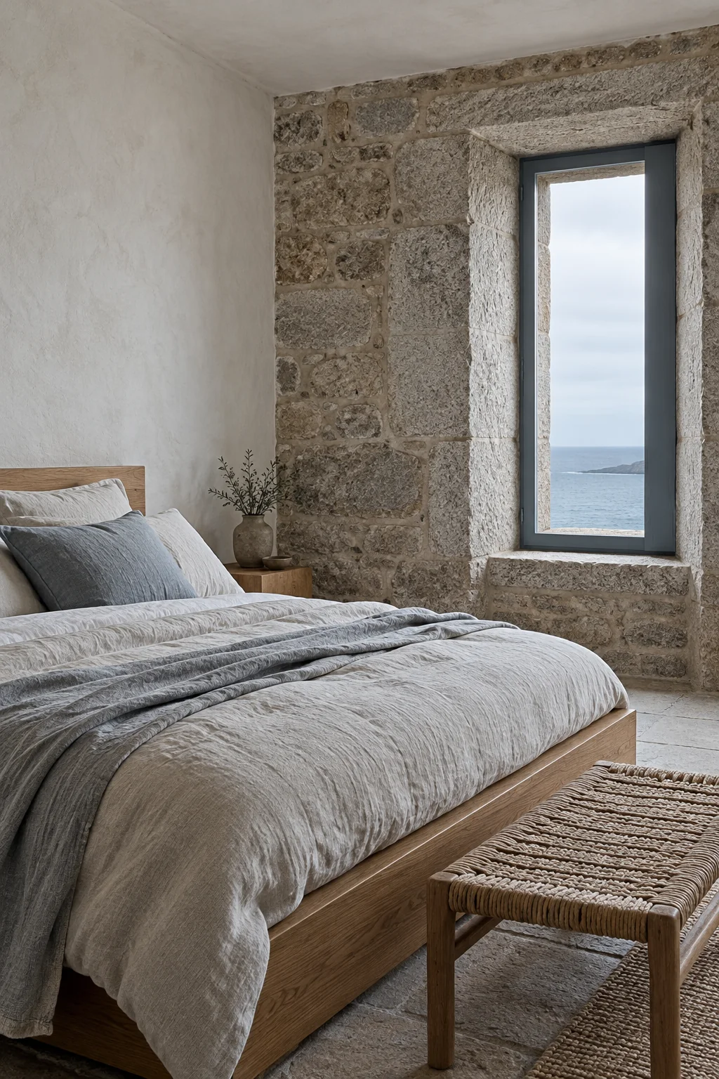 Dormitorio de lino en una casa atlántica, imagen conceptual