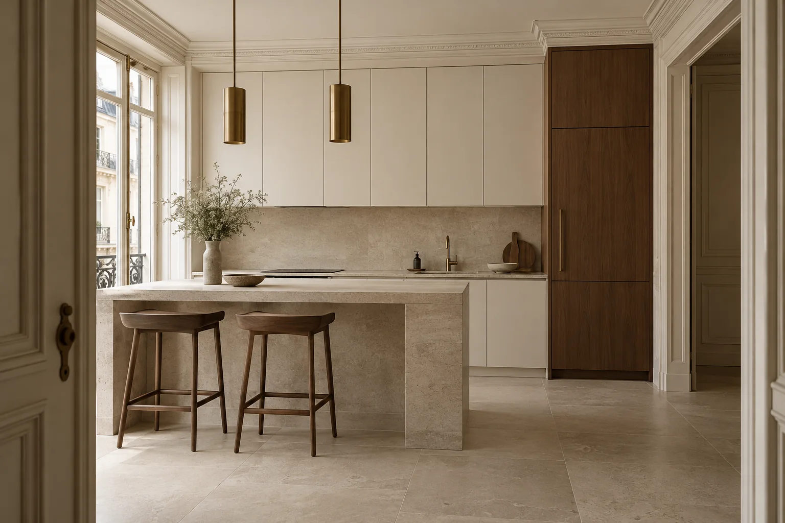 Cocina de tonos marfil con suelo de piedra caliza, imagen conceptual